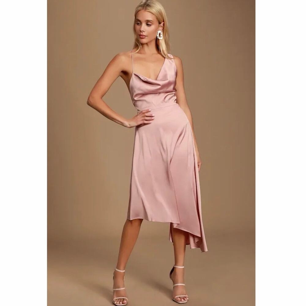 Lulus Sereno Mauve Pink Satin One-Shoulder Cowl Neck Asymmetrical Midi Dress